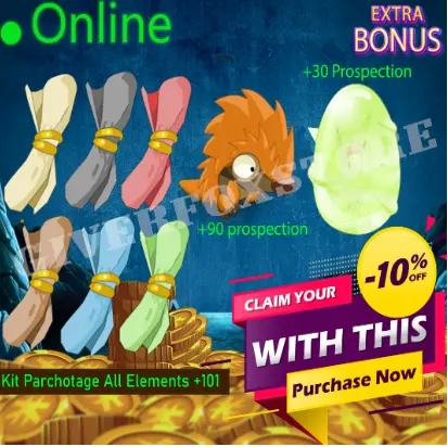 Boune>[ Kit Parchotage +101 tout les Elements ] + [ Pykur +90 Prospection ] + [ Dofus Kaliptus +30 Prospection ] +BONUS (Best buy)