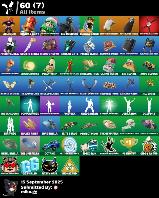 [PC/PSN/XBOX] 5 skins | All Might | Holiday Boxy | Winterfest Bushranger | Sid Obsidian | Runway Racer | Spectra Protector