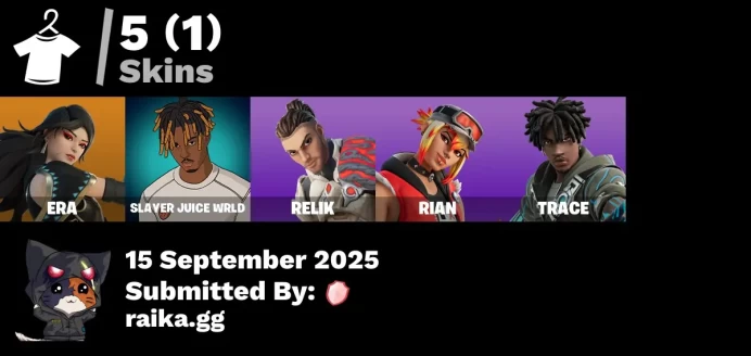 [PC/PSN/XBOX] 5 skins | Era | Slayer Juice WRLD | Relik | Rian | Trace | Chronos Lock | 999 Knives | Electric Shredder | Signal Tracer