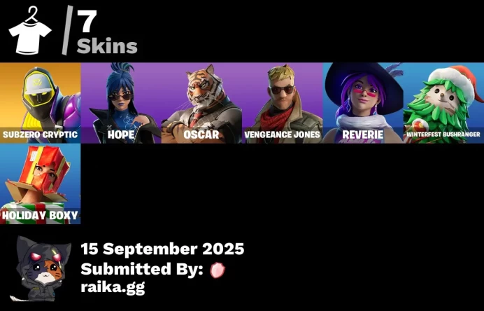[PC/PSN/XBOX] 7 skins | Subzero Cryptic | Hope | Oscar | Vengeance Jones | Reverie | Winterfest Bushranger | Holiday Boxy | Cryptic Sling-kit
