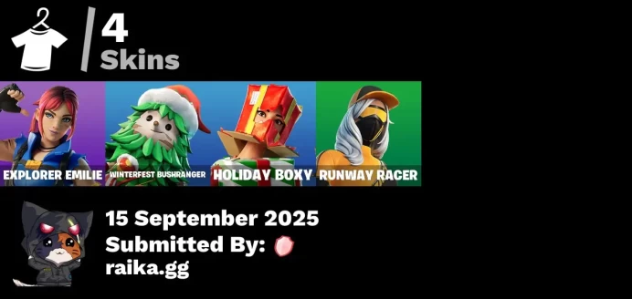 [PC/PSN/XBOX] 4 skins | Explorer Emilie | Winterfest Bushranger | Holiday Boxy | Runway Racer | Spectra Protector | Legend's Modkit
