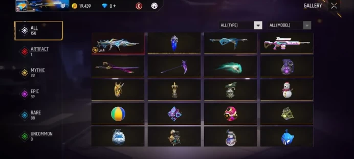 Lv 54 / 1 ARTIFACTS Gun / XM8 Lv4 / MYTHIC 22 / EPIC 39 / Clothes 165 / Pants 92 / Shoes 89 / cod 6
