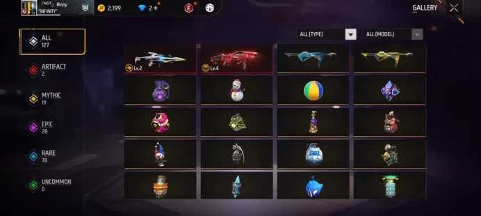 Lv 53 / 2 ARTIFACTS Gun / XM8 Lv2 / Mp40 Lv4 / MYTHIC 19 / EPIC 28 / Clothes 160 / Pants 101 / Shoes 76 / cod 8
