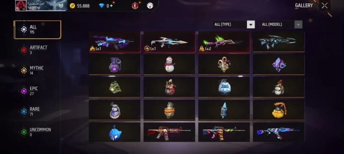Lv 55 / 3 ARTIFACTS Gun / AK-47 Lv1 / XM8 Lv1 / Shotgun Lv2 / MYTHIC 14 / EPIC 27 / Clothes 146 / Pants 82 / Shoes 71 / cod 13