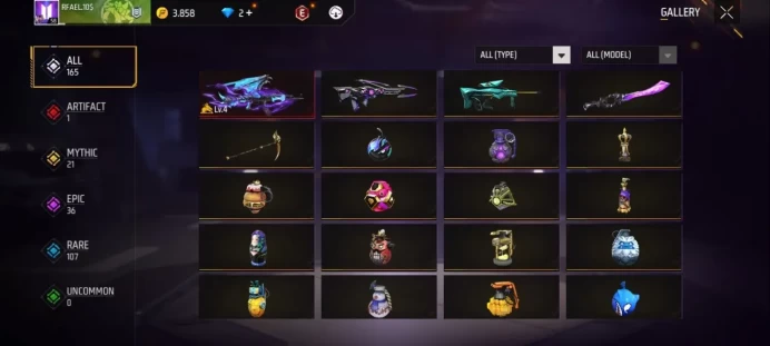 Lv 58 / 1 ARTIFACTS Gun / AK-47 Lv4 / COBRA Skin / MYTHIC 21 / EPIC 36 / Clothes 198 / Pants 122 / Shoes 104 / cod 14