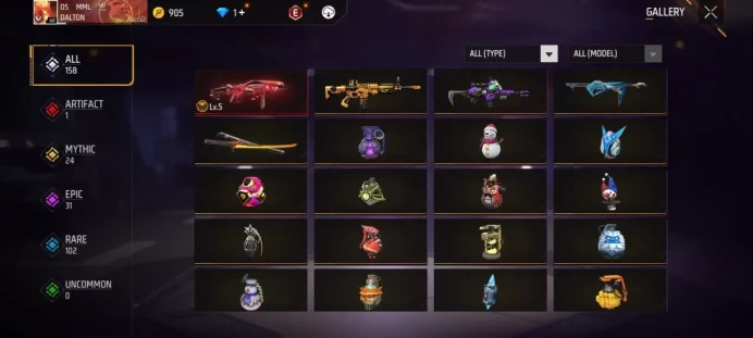 Lv 60 / 1 ARTIFACTS Gun / MP40 Lv5 / COBRA Katana / MYTHIC 24 / EPIC 31 / Clothes 221 / Pants 136 / Shoes 111 / cod 15