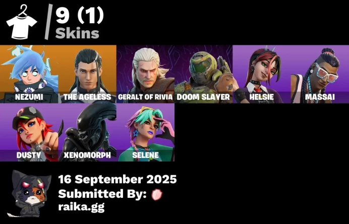 [PC/PSN/XBOX] 9 skins | Nezumi | The Ageless | Geralt of Rivia | Doom Slayer | Helsie | Massai | Dusty | Xenomorph | Selene