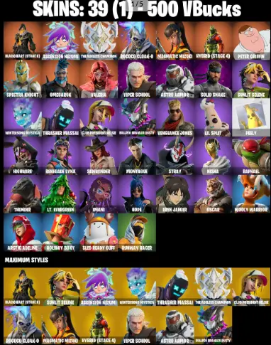 39 Skins PC/PSN/XBOX Blackheart (Stage 8)  Ascension Nezumi  The Ageless Champion  Rococo Cloak-o  Magmatic Mizuki  Hybrid (Stage 4)