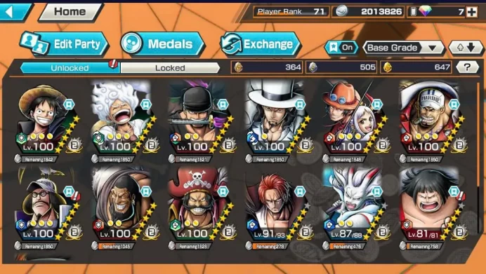 BR597-IOS+Android-Hyber 55+8 Ex(Gear 5+Zoro+Lucci+Roger Skins+Yamato Ace+Akainu+Shank)+Vip Medal+Support 162%+647 Frag+Many Bounty Festival Max