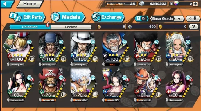 BR593-IOS+Android-Garp Full Boost+7 Ex Meta(Gear 5 v2+Kuzan+Lucci+Snake+Yamato Ace+Roger)+Good Medal+Support 138%+Luffy Black+Medal Set 3 Boa