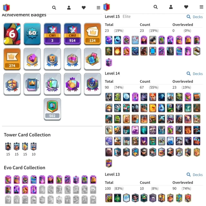 CR LVL 60 | MAX CARD 90 (ELITE 24) | EVO 15 | KT 15 | EMOTE 124 | BATTLE WONS 5012 | TROPHY 13055 | S ARENA 3 | NC AVAILABLE | INSTANT DELIVERY 