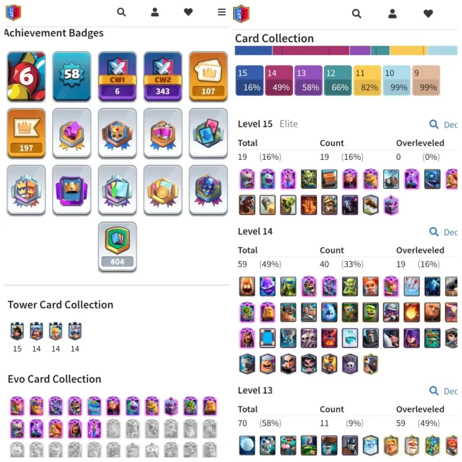 CR LVL 58 | MAX CARD 59 (ELITE 19) | EVO 16 | KT 15 | EMOTE 107 | BATTLE WONS 3550 | TROPHY 11055 | S ARENA 2 | INSTANT DELIVERY