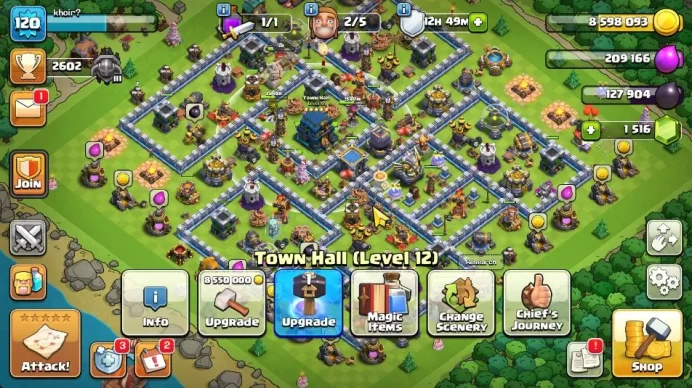 TH 12 - BH 9|LV 120|TROPHY 2602|HH 6|BK48,AQ 53,GW 20,MP 30,RC 0|1516 Gems|CN OFF|Protect Off |TAKE MAIL|CHECKSS(COC1301)