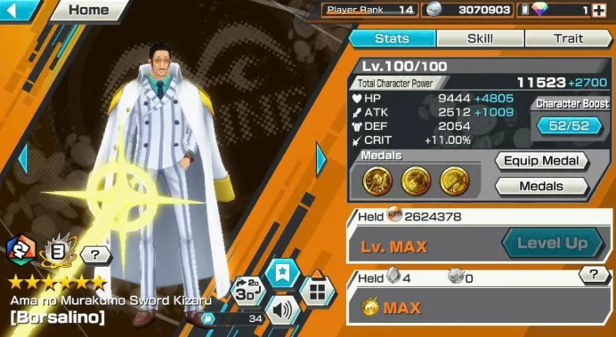 BR575-IOS+Android-Kizaru Full Boost Have Skin+6 Ex(Zephyr+Kaido v2+Shank v2)+1.449 Fragment+Good Medal+Bluneo Max+Katakuri Max+Sentomaru v2