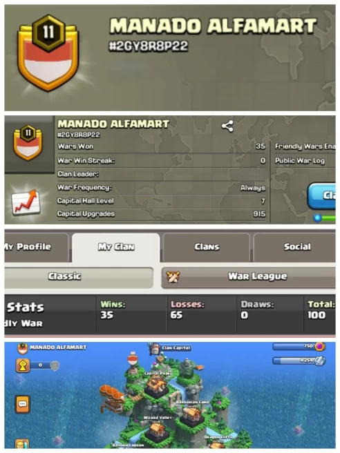 C13◆CLAN LEVEL 11◆NAME: MANADO ALFAMART◆CWL: GOLD 2◆CAPITAL HALL LVL 7◆EXTRA ORDINARY STORE