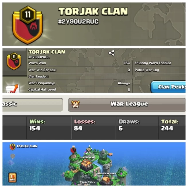C11◆NICE NAME: TORJAK CLAN◆LVL 11◆CAPITAL HALL LVL 5◆POSITIVE WAR LOG: 154 WIN/84 LOSS◆CWL: GOLD 3◆EXTRA ORDINARY STORE