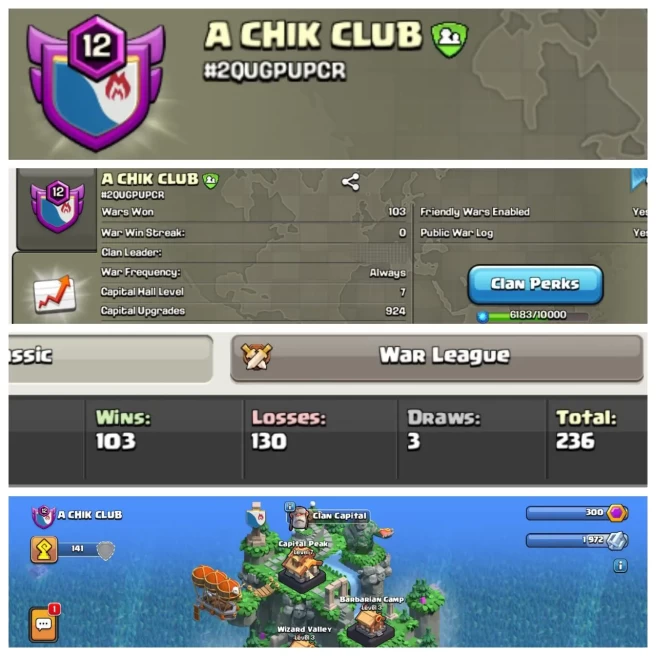 C18◆ENGLISH CLAN NAME: A CHIK CLUB◆CAPITAL HALL LVL 7◆WIN 103/LOSS 130◆CWL: SILVER 3◆EXTRA ORDINARY STORE