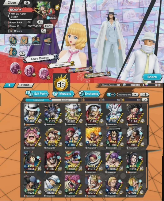 BR600-Hyber 68+10 Ex Max(White Beard Skin+Lucci+Luffy+Kid Law+Akainu+Kaido+Yamato+Big Mom)+Vip Medal+Many Bounty Festival Max+Strong Account