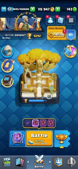 Level 53. Elite: 6. Max card: 14. Evo 14. +70 Emote. +6 Tower collection. Safe and cheap