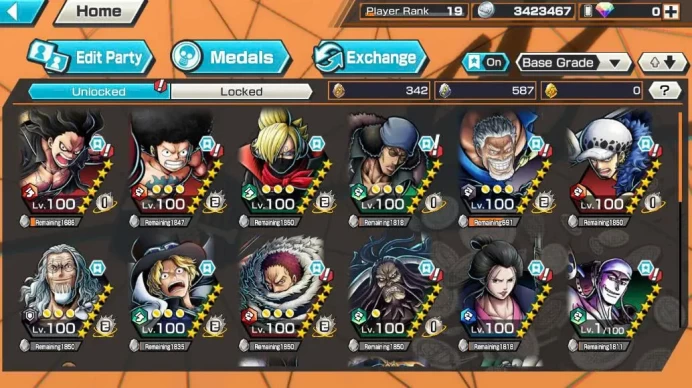 BR564-IOS+Android-Garp Boost 34/52+4(Kizaru+Sabo+Big Mom)+Support 142%+Good Medal+Luffy Black Max+Rayleigh Max+Katakuri Max+Law Max+Issho+Robin