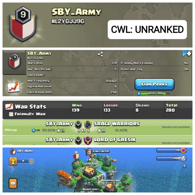C29◆RARE ENGLISH CLAN NAME: SBY_ARMY◆LVL 9◆POSITIVE WAR LOG: WIN-139/LOSS-133◆CAPITAL HALL 4◆EXTRA ORDINARY STORE