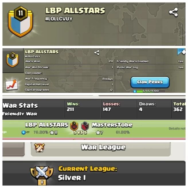  C30◆NAME: LBP ALLSTARS◆LVL 11◆WAR WIN: 211/LOSS:147◆CWL RANK SILVER 1◆EXTRA ORDINARY STORE