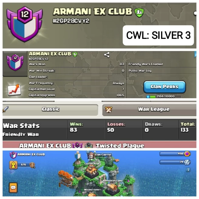 C31◆RARE NAME: ARMANI EX CLUB◆LVL 12◆WAR WIN-83,WAR LOSS-50◆CAPITAL HALL: 7◆CWL RANK SILVER 3◆EXTRA ORDINARY STORE