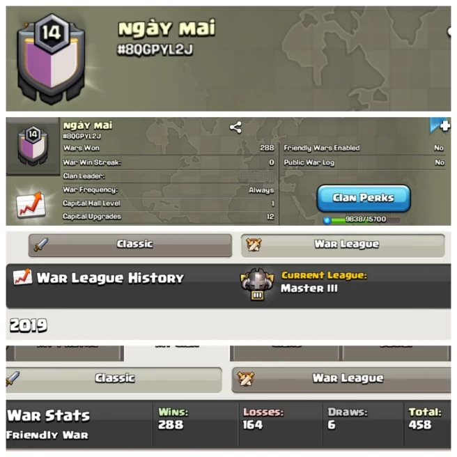 C32◆MASTER LEAGUE 3 RANK◆CLAN LVL 14◆NAME: ngay mai◆POSITIVE WAR LOG: WIN-288/LOSS- 164◆EXTRA ORDINARY STORE