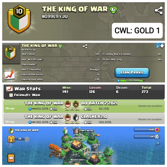 C33◆NAME: THE KING OF WAR◆LVL 10◆CWL: GOLD 1◆WAR WIN-141◆WWS-6◆CP LVL 4◆INSTANT DELIVERY◆EXTRA ORDINARY STORE