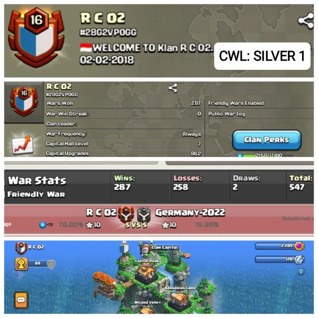 C36◆NAME: R C 02◆LVL 16◆CP: 7◆WIN: 287/LOSS: 258◆POSITIVE WAR LOG◆CWL RANK SILVER 1◆EXTRA ORDINARY STORE