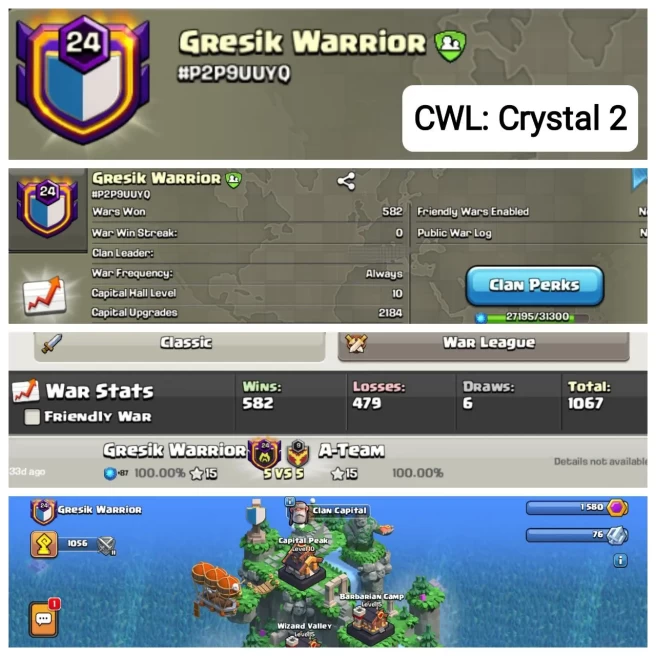 C41◆ENGLISH NAME: Gresik Warrior◆LVL 24.9◆CP 10 MAX◆CWL: Crystal 2【TOTAL WAR:1067/WAR WIN: 582/WAR LOSS:479】◆ACTIVE CLAN◆EXTRA ORDINARY STORE