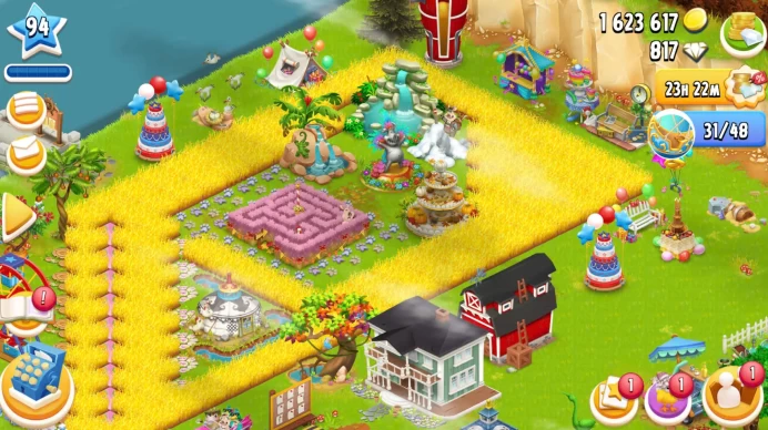 SALE Level 94 barn 1800 silo 1650. 2m coins-817 gems-350 vouchers. Beautifully decorated with ferris wheel - 2 magic tree, level town 22.