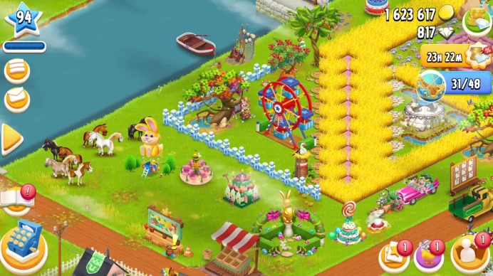 SALE Level 94 barn 1800 silo 1650. 2m coins-817 gems-350 vouchers. Beautifully decorated with ferris wheel - 2 magic tree, level town 22.