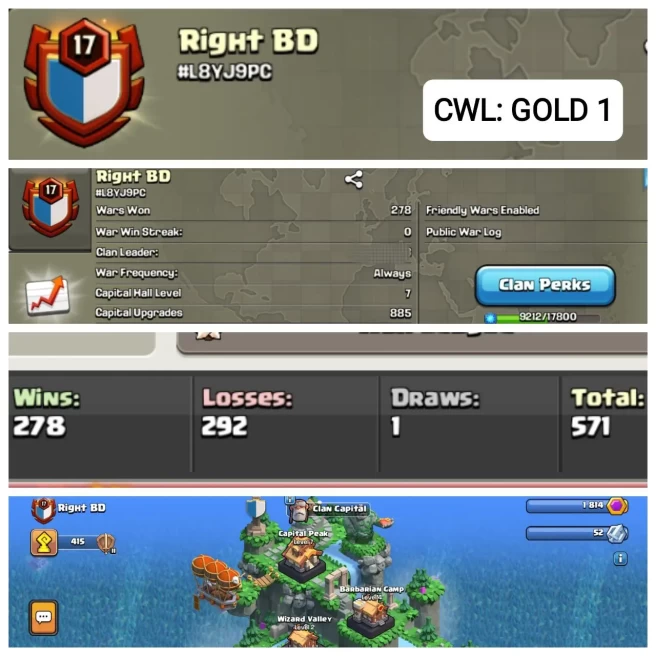 C45◆ENGLISH NAME: Right BD◆CLAN LVL 17.5◆CWL: GOLD 1◆Capital Hall: 7◆TOTAL WAR: 571/ WAR WIN: 278◆INSTANT DELIVERY◆EXTRA ORDINARY STORE