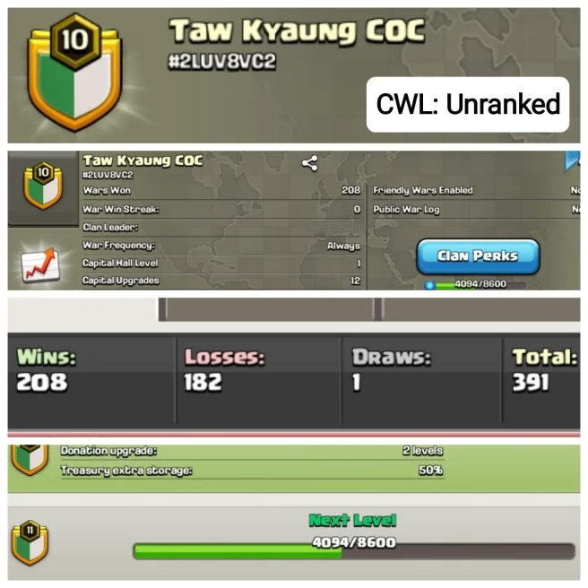 C46◆CLAN LVL 10.5◆NAME: Taw Kyaung COC◆WAR WIN: 208/WAR LOSS: 182◆GOOD QUALITY◆EXTRA ORDINARY STORE