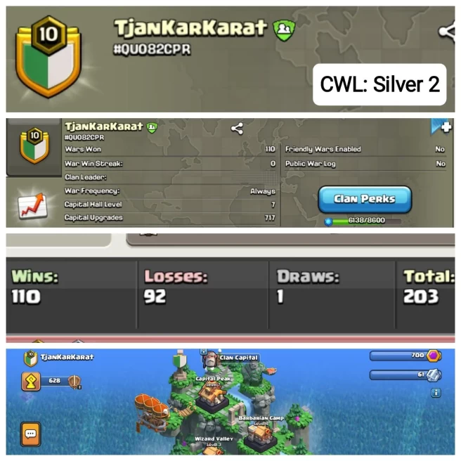 C51◆LEVEL 10◆NAME: TjanKarKarat◆CAPITAL HALL 7◆WAR WIN: 110◆LOSS: 92◆CWL: SILVER 2◆EXTRA ORDINARY STORE