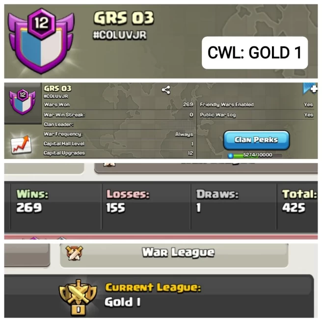 C52◆Name: GRS 03◆LVL 12.5◆CWL RANK: GOLD 1◆POSITIVE WAR LOG 2:1◆WIN 269/LOSS: 155◆EXTRA ORDINARY STORE