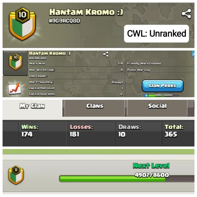 C53◆CLAN LEVEL 10.5◆NAME: Hantam Kromo :)◆WAR WIN: 174◆TOTAL WAR: 365◆EXTRA ORDINARY STORE