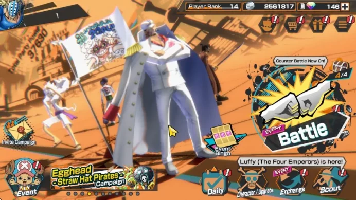 Global|6 META EX[Four Emperor Luffy,Sakazuki,Strongest Kaido,Kid and Law,Kuzan,Sabo]|Rank 14|Log Bandai|Check SS(OPBR898)