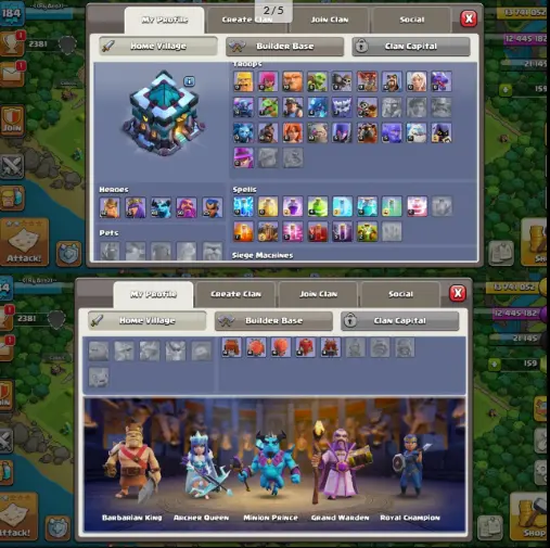 TH13  LVL 184 BK 62  AQ 75  MP 48  GW 50  RC 25  150+ GEMS  2000+ Trophies  Magic Items, Hero Skins & Good Epics – X282
