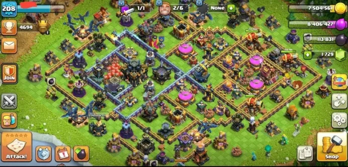 TH 17/LEVEL 208/Good defense/Gems 1729/builder hall 10/TROPHIES 4694