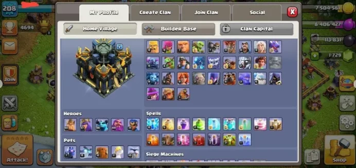 TH 17/LEVEL 208/Good defense/Gems 1729/builder hall 10/TROPHIES 4694