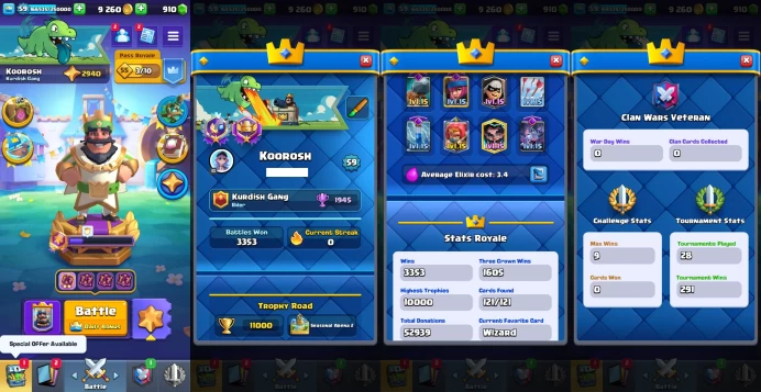 KT 15 | Level 59 | 19 Evo Cards |( 23 Cards LvL15 || 32 Cards LvL14) | 104 Emotes | 4 Tower Skins| Q554