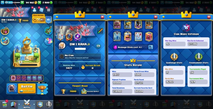 KT 15| Level 59|8 Evo Cards |(16Cards LvL15 || 65Cards LvL14) | 110 Emotes | 8Tower Skins| Q556