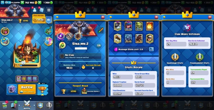 KT 15 | Level 59 |14 Evo Cards |(18Cards LvL15 || 51Cards LvL14) | 200Emotes | 9Tower Skins| Q557