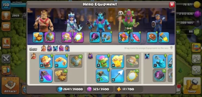 HIGH LEVEL EQUIPMENT TH 14 SEMI MAX CC  3 EPIC EQUIPMENT {SB , AF , MM} 150 XP LVL 2211 RAID MEDAL 2 HEROES SKINS  SUPER FAST INSTANT DELIVERY