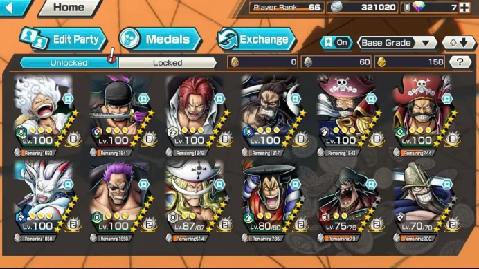 BR604-IOS+Android-Hyber 54+11 Ex(Luffy Gear 5+Shank v4+Roger Skin+Zoro Skin+White Beard+Roger v2+Kaido+Zephyr)+Good Medal+Support 164%