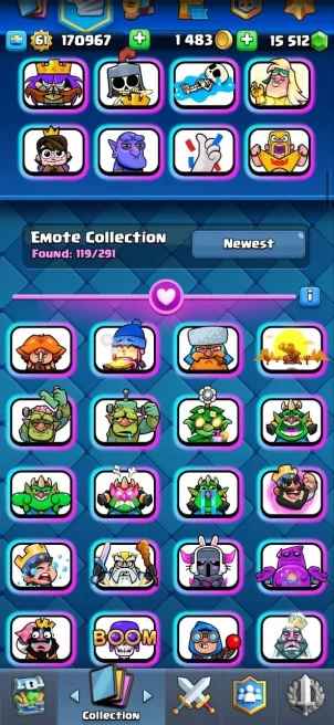 Clash royal (Android/iOS) KT 15 - lvl 61 - Cards121 /121/eliteCard 26/ Max Card 60/evo card9/Emote 119 / skin tower 7 /Fast delivery/Cheap sale