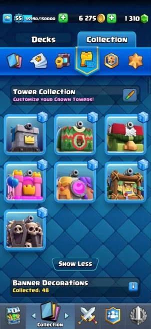 Clash royal (Android/iOS) KT 15 - lvl 55 - Cards121 /121/eliteCard 5/ Max Card 55/evo card8/Emote 62 / skin tower 7 /Fast delivery/Cheap sale