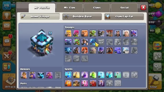 TH 13-BH 6|LV 118|TROPHY 2602|HH 6|BK 50,AQ 50,GW 15,MP 20,RC 0|953 Gems|CN OFF|Protect OFF |TAKE MAIL|CHECKSS(COC1414)